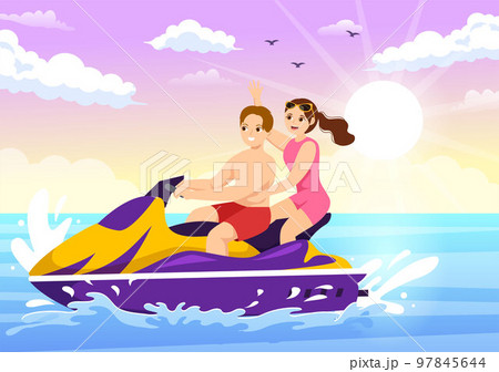 People Ride Jet Ski Illustration Summer Vacation Recreation, Extreme Water Sports and Resort Beach Activity in Hand Drawn Flat Cartoon Template 97845644
