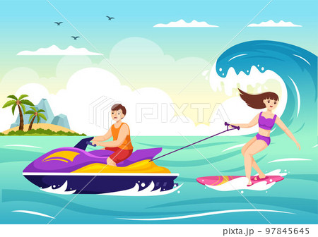 People Ride Jet Ski Illustration Summer Vacation Recreation, Extreme Water Sports and Resort Beach Activity in Hand Drawn Flat Cartoon Template People Ride Jet Ski Illustration Summer Vacation Recreation, Extreme Water Sports and Resort Beach Activity in Hand Drawn Flat Cartoon Template 97845645