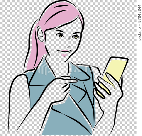 Woman pointing at smartphone screen and smiling Woman pointing at smartphone screen and smiling 97845844