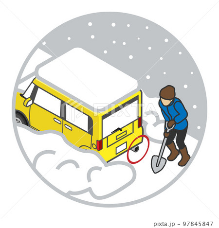車のマフラー周辺から雪を取り除く男性 車のマフラー周辺から雪を取り除く男性 97845847
