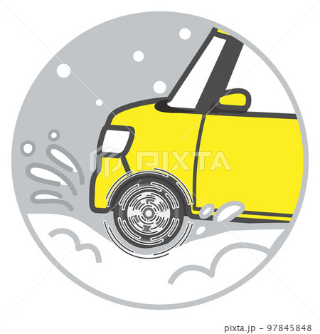 雪道の轍にタイヤがはまってスタックした車　クローズアップ 97845848