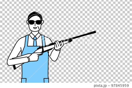 Senior man wearing sunglasses and wearing an apron holding a rifle 97845959