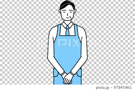 手を組んでお辞儀するエプロンを着たシニア男性 97845961