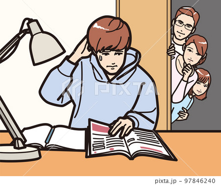 勉強する男子を見守る家族、気になる母 97846240