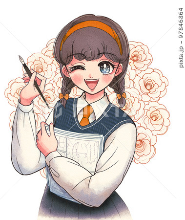 少女漫画風・漫画制作を楽しむオタク系女子高生のイラスト 97846864
