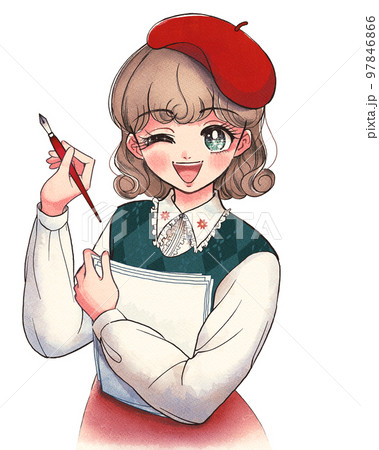 レトロイラスト・芸術の秋！つけペンでイラストを描く女の子 97846866