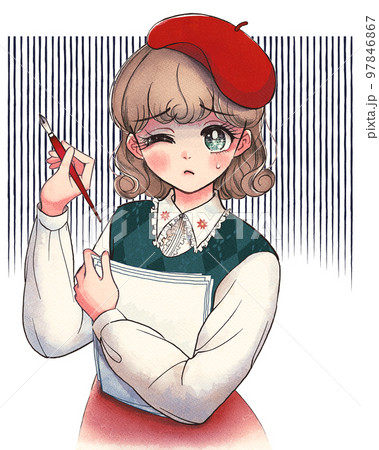 レトロイラスト・スランプに苦しむ芸術家、漫画家の女の子 97846867