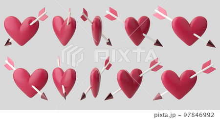 3d heart pierced with arrow animation icons set. Concept of Cupid love , Valentines day, Wedding invitation. 3d high quality isolated render 97846992