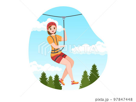 Zip Line Illustration with Visitors Walking on an Obstacle Course and Outdoor Rope Adventure Park in Forest in Flat Cartoon Hand Drawn Templates 97847448
