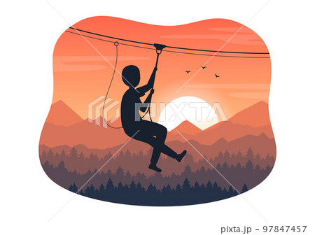 Zip Line Illustration with Visitors Walking on an Obstacle Course and Outdoor Rope Adventure Park in Forest in Flat Cartoon Hand Drawn Templates 97847457