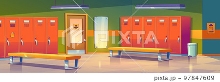 Empty dressing room background with metal lockers 97847609