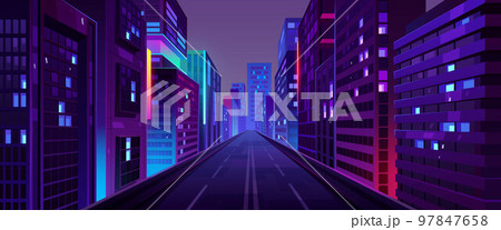 City night street, road and houses with neon ligth 97847658