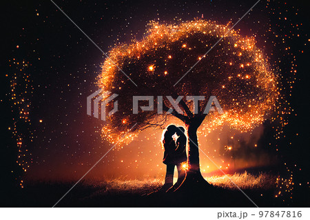A couple kissing under a tree adorned with twinkling lights. A couple kissing under a tree adorned with twinkling lights. 97847816