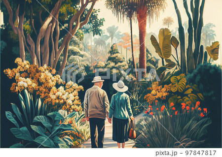 Couple holding hands while taking a leisurely stroll through a lush garden. Couple holding hands while taking a leisurely stroll through a lush garden. 97847817