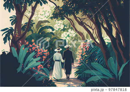 Couple holding hands while taking a leisurely stroll through a lush garden. Couple holding hands while taking a leisurely stroll through a lush garden. 97847818