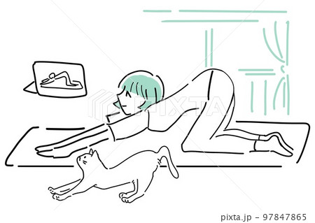 家で動画を猫と一緒に見ながらヨガをする女性（グリーン） 97847865