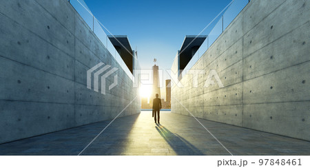 Businessman walk from the alley upward to modern urban city Businessman walk from the alley upward to modern urban city 97848461