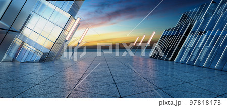 Triangle shape marble ground with contemporary buildin 97848473