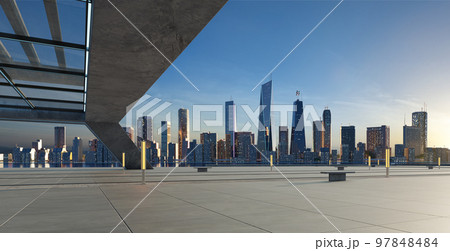 Perspective view of empty floor and modern rooftop building 97848484