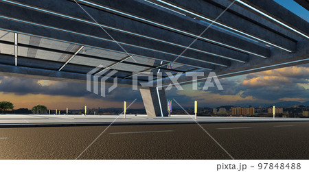 Perspective view of empty street and modern rooftop building 97848488
