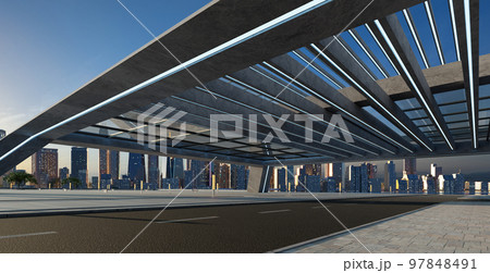Perspective view of empty street and modern rooftop building 97848491