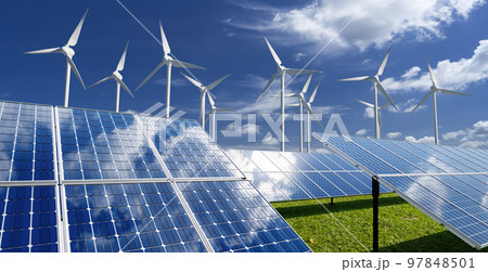 Solar panels and wind generators under blue sky Solar panels and wind generators under blue sky 97848501