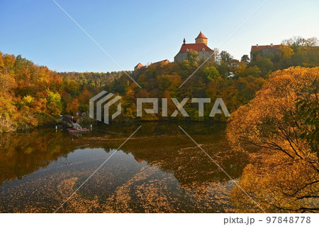Castle Veveri - City of Brno, Czech Republic - Europe. Beautiful autumn landscape with castle. Brno dam and sunset at the golden hour. Autumn season October. Castle Veveri - City of Brno, Czech Republic - Europe. Beautiful autumn landscape with castle. Brno dam and sunset at the golden hour. Autumn season October. 97848778