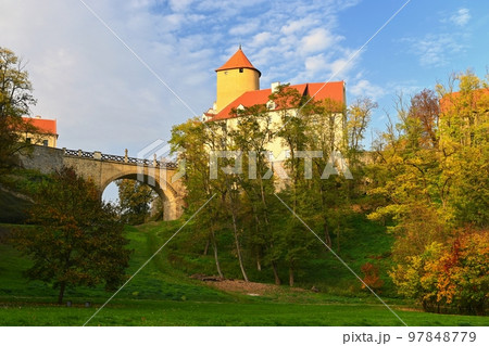 Castle Veveri - City of Brno, Czech Republic - Europe. Beautiful autumn landscape with castle. Brno dam and sunset at the golden hour. Autumn season October. Castle Veveri - City of Brno, Czech Republic - Europe. Beautiful autumn landscape with castle. Brno dam and sunset at the golden hour. Autumn season October. 97848779