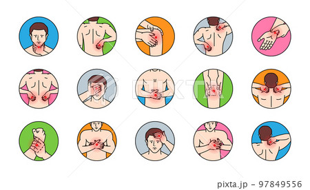 Pain in different part of body set. Ache in head, neck, shoulder, knee, chest, abdomen, wrist, back, elbow. Arthritis and rheumatism illustration. Pain in different part of body set. Ache in head, neck, shoulder, knee, chest, abdomen, wrist, back, elbow. Arthritis and rheumatism illustration. 97849556