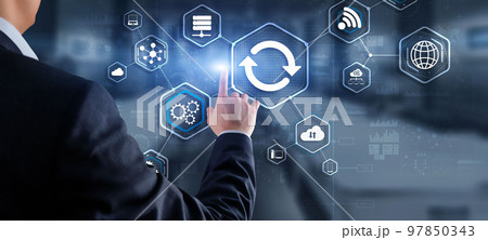 Businessman pressing button on touch screen interface select Update. Icon Businessman pressing button on touch screen interface select Update. Icon 97850343