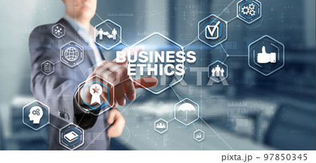 Business ethics Behavior and manners concept. Businessman pressing button on virtual screen 97850345