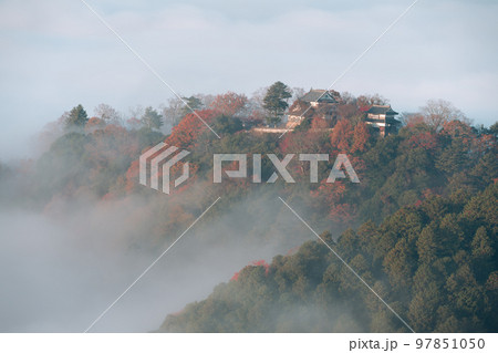 【日本100名城】備中松山城 展望台から見た秋の雲海の天守と櫓と紅葉1 岡山県高梁市 【日本100名城】備中松山城 展望台から見た秋の雲海の天守と櫓と紅葉1 岡山県高梁市 97851050