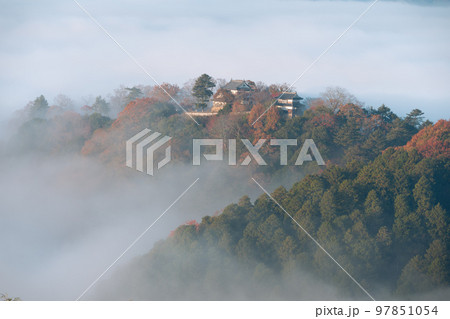 【日本100名城】備中松山城 展望台から見た秋の雲海の天守と櫓と紅葉5 岡山県高梁市 【日本100名城】備中松山城 展望台から見た秋の雲海の天守と櫓と紅葉5 岡山県高梁市 97851054