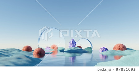 Surreal Beautiful Dream land background. Abstract Dune in winter season landscape with geometric arch. Fantasy island scenery with water and natural cloudy sky. Metallic mirror arch. 3d render. Surreal Beautiful Dream land background. Abstract Dune in winter season landscape with geometric arch. Fantasy island scenery with water and natural cloudy sky. Metallic mirror arch. 3d render. 97851093