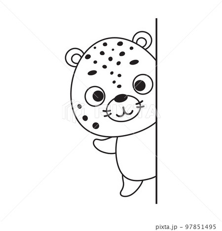 Coloring page cute little cheetah peeking around corner. Coloring book for kids. Educational activity for preschool years kids and toddlers with cute animal. Vector stock illustration 97851495