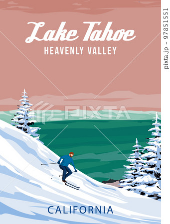Lake Tahoe Ski Travel resort poster vintage. California USA winter landscape travel card 97851551