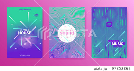 3d Abstract Dj Flyer. Electro Sound Cover. Techno Dance Poster. Vector Edm Background. Futuristic Dj Flyer Set. Minimal Festival Illustration. Gradient Wave Circle. Psychedelic Dj Flyer. 97852862