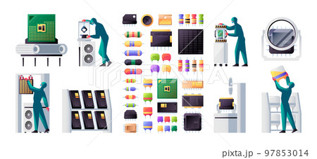Semiconductor manufacturing. Electronic circuitry production with computer lab equipment, hardware device service concept. Vector flat set Semiconductor manufacturing. Electronic circuitry production with computer lab equipment, hardware device service concept. Vector flat set 97853014