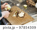 里芋の親芋を切るシニア女性 97854309