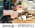 里芋の親芋を切るシニア女性 97854311