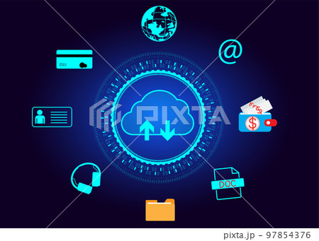 cloud icon concept of big data access, global network connection, data search, use of computing resources to make transactions with internet technology online and Cyber Security Data Protection. 97854376