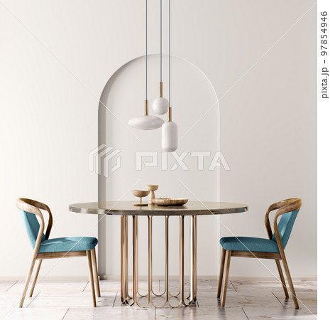 Interior design with marble round table and chairs. Modern dining room with beige wall. Cafe, bar or restaurant interior design. Home interior. 3d rendering Interior design with marble round table and chairs. Modern dining room with beige wall. Cafe, bar or restaurant interior design. Home interior. 3d rendering 97854946