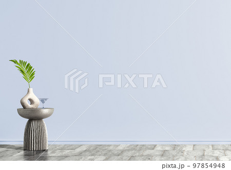 Interior background of room with blue wall and vase with palm leaf on decorative accent table. Empty mock up wall and marble tiled flooring. Modern home decor. 3d rendering Interior background of room with blue wall and vase with palm leaf on decorative accent table. Empty mock up wall and marble tiled flooring. Modern home decor. 3d rendering 97854948