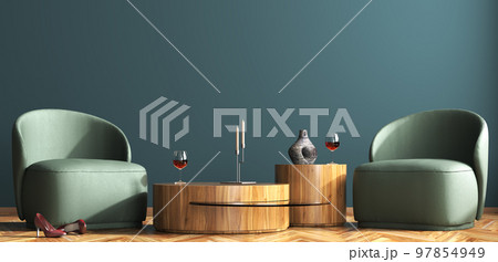 Interior of living room with green leather armchairs and wooden coffee tables over dark blue wall. Wine glass on the table and heels on the floor. 3d rendering Interior of living room with green leather armchairs and wooden coffee tables over dark blue wall. Wine glass on the table and heels on the floor. 3d rendering 97854949