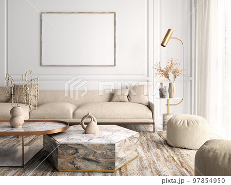 Interior design of modern apartment, living room with sofa and coffee tables 3d rendering 97854950
