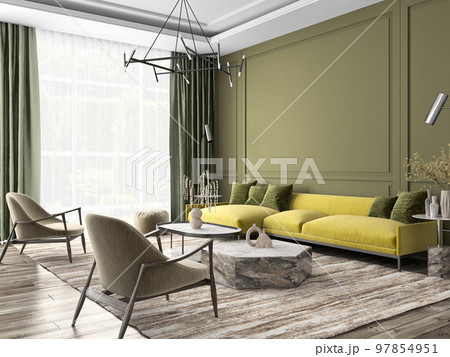 Modern interior design of cozy apartment, living room with yellow sofa, beige armchairs. Room with big window. 3d rendering Modern interior design of cozy apartment, living room with yellow sofa, beige armchairs. Room with big window. 3d rendering 97854951