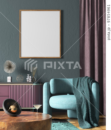 Interior of living room with coffee table and blue armchair, mock up poster on the wall. Home design. 3d rendering Interior of living room with coffee table and blue armchair, mock up poster on the wall. Home design. 3d rendering 97854961