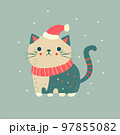 Christmas cat in Santa hat and scarf walks in snowfall vector illustration 97855082