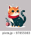 Christmas cat in red scarf sits with snowflakes and bauble on Christmas tree branch vector illustration 97855083