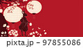 Vector illustration copy space banner of rabbit samurai with paper lanterns and magnolia tree on red background 97855086